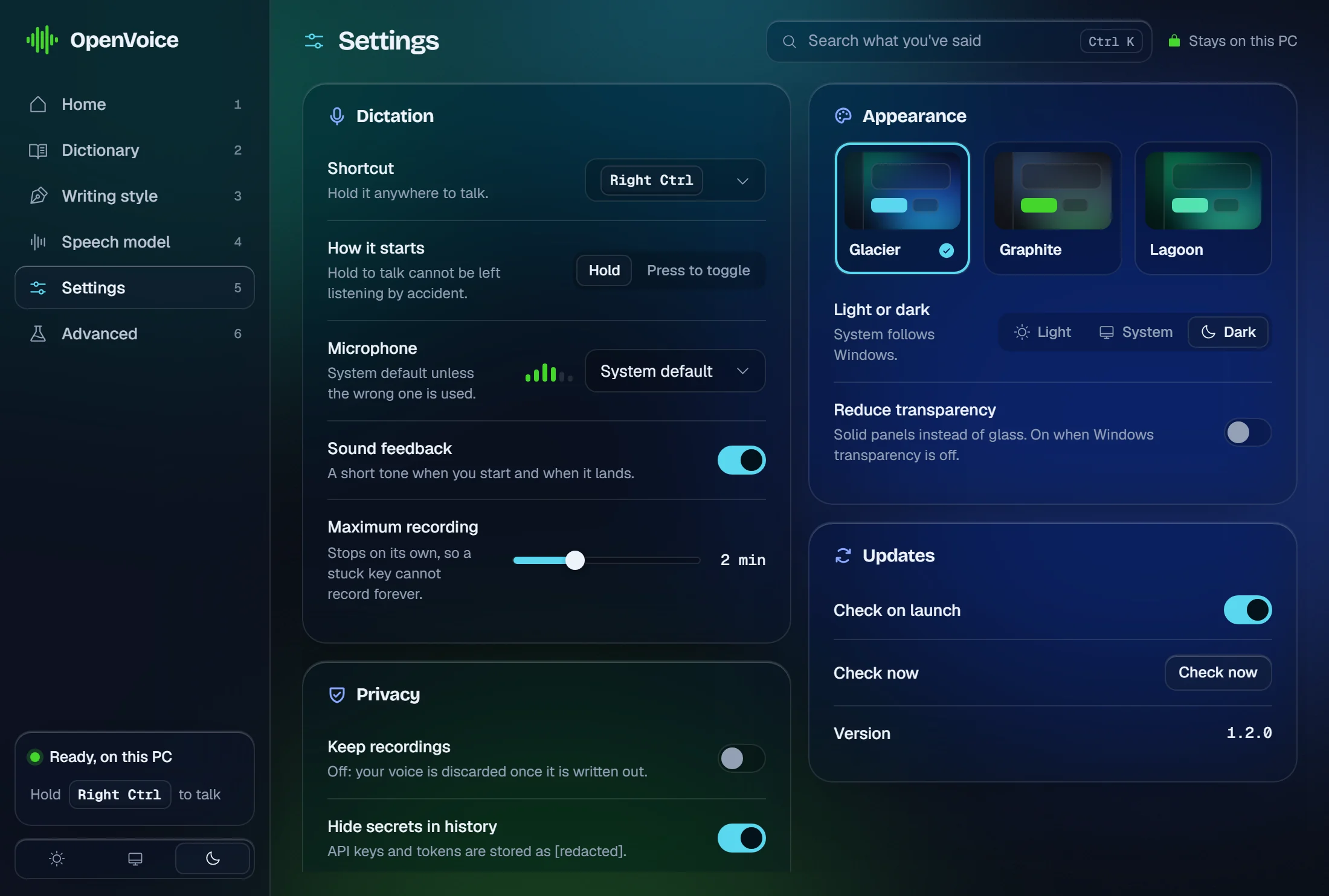 OpenVoice's Settings screen in the Glacier theme, dark: the Appearance card with Glacier, Graphite and Lagoon, and Light, System or Dark, beside the dictation, privacy and update settings